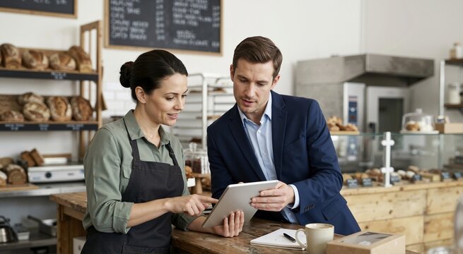 Small business owner and consultant discussing funding on a tablet. Male professional in suit and female baker in apron reviewing data in a bakery. Teamwork and financial planning concept