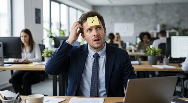Confused businessman with a question mark sticky note on his forehead. Overwhelmed male employee scratching his head at an office desk. Problem solving and memory loss concept