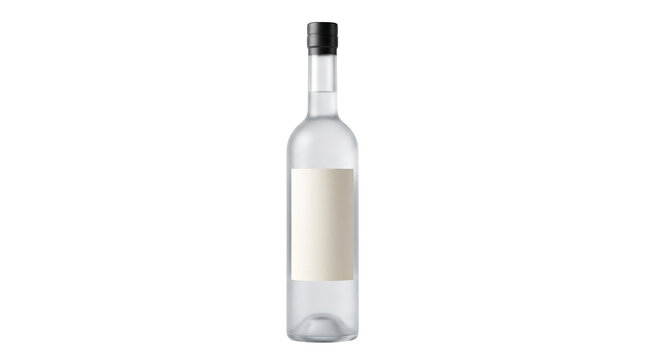 Clear glass liquor bottle with cap.