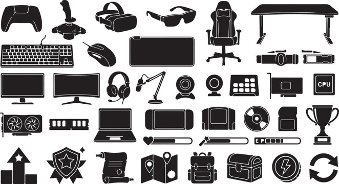 Gaming and technology icon set in black line art style