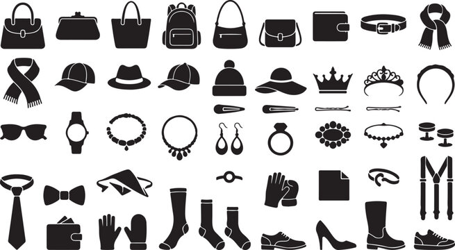 Black icon set of fashion accessories and clothing