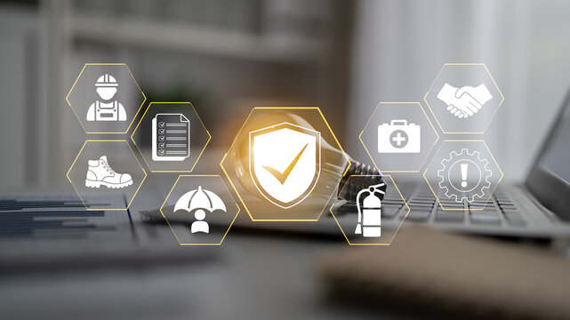 Visual representation of workplace safety concepts with icons depicting protective gear, safety checks, medical aid, teamwork, and hazard awareness in an office environment. Glyphic.