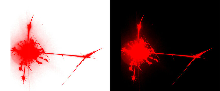 Abstract red laser flash on black and white backgrounds, glowing energy burst with sharp light rays, cinematic lens flare and spark effect