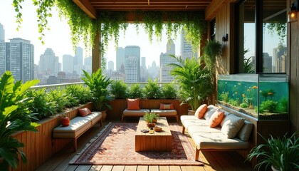 Fototapeta premium Rooftop apartment balcony oasis with green plants and aquarium. Cityscape background with lush greenery and seating area. Urban living space offers tranquil escape.