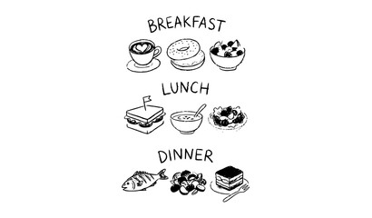 Fototapeta premium Quirky crayon style breakfast lunch and dinner doodle icons vector for cafe menus and wedding invitations.