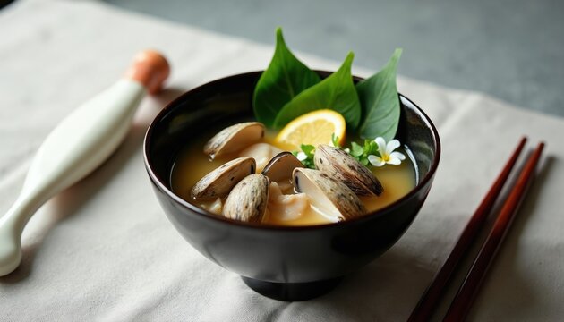 Japanese clam soup in dark bowl with lemon and green leaves. Fresh hamaguri seafood broth served with chopsticks. Nutritious ocean dish for healthy diet.