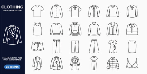 Clothing icon set t-shirt, dress, pants, jacket. Complete collection of fashion, apparel  t-shirt, hoodie, wide-leg jeans, puffer jacket, bra, for retail, shopping and online store design outline icon © SyedDesigner