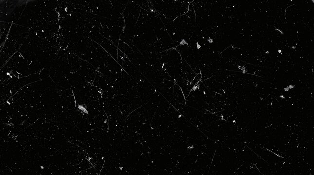 Microscopic debris and white dust particles floating on black background for texture and film overlay effects