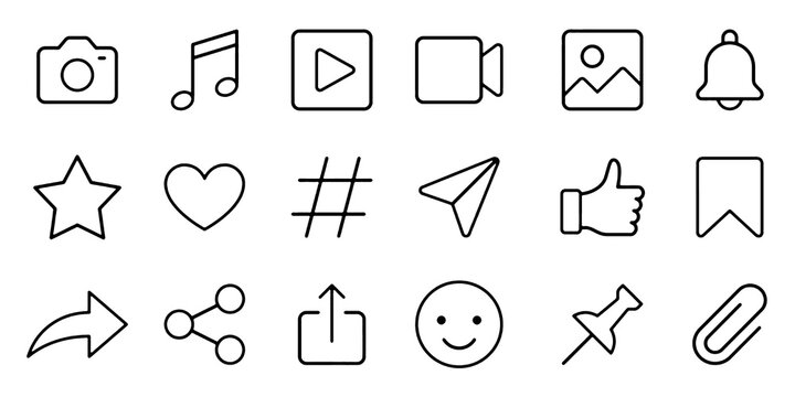 Social media line icon set. Camera, chat bubble, heart, notification bell, shopping cart vector illustrations. Simple outline signs for internet sns communication. Editable Stroke.
