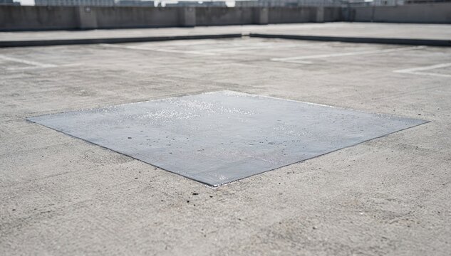 Medium shot showing test area of new waterproof coating on rooftop parking sharp focus on test patch blurred background of parking structure.