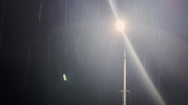 Streetlight in Heavy Rain at Night