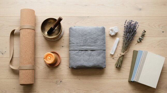 Stylized flat lay of yoga and wellness items on wooden background, including mat, towel, and natural accessories.