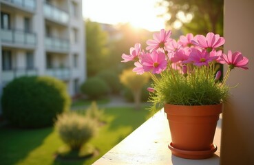 Fototapeta premium Pink cosmos flowers in terracotta pot on balcony railing. Blurred apartment building and green garden in sunset light. Peaceful urban nature scene.