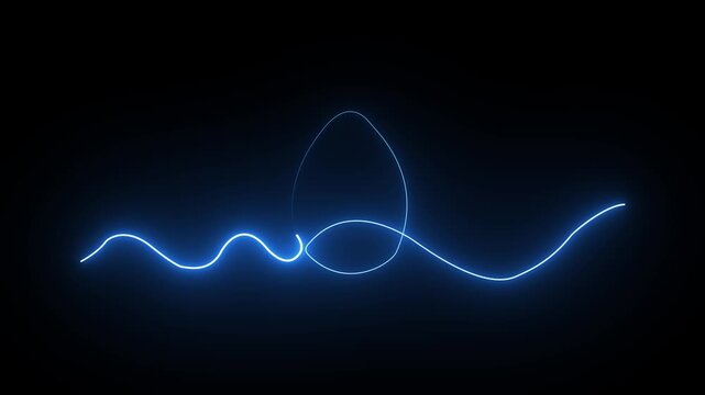 Glowing blue neon egg shape formed by a continuous wavy line on a black background
