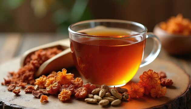 Glass cup of luo han guo tea next to dried fruit and almonds. Herbal beverage uses monk fruit for natural sweetness. Healthy drink for wellness.