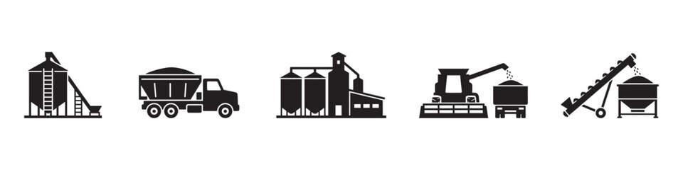 Grain elevator and agricultural logistics icon set. Silo storage, dumper truck, combine harvester and auger conveyor symbols. Vector illustration. © Roberto_Caravelli