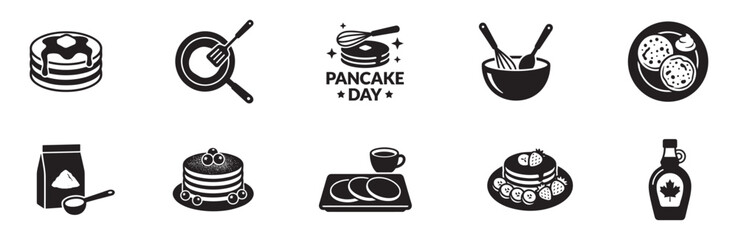 Pancake and sweet breakfast icon set. Maple syrup, frying pan, whisk flour and berry dessert symbols. Vector illustration. © Roberto_Caravelli