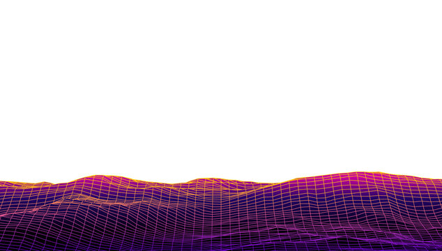 Retro neon red and orange glowing wireframe hilly terrain landscape on transparent background