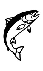 Naklejka premium Stylized jumping salmon fish leaping in a dynamic curve with clean monoline black outlines isolated on a white background, animal wildlife nature concept