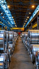 Fototapeta premium Steel coils stacked in large industrial storage hall with high roof trusses