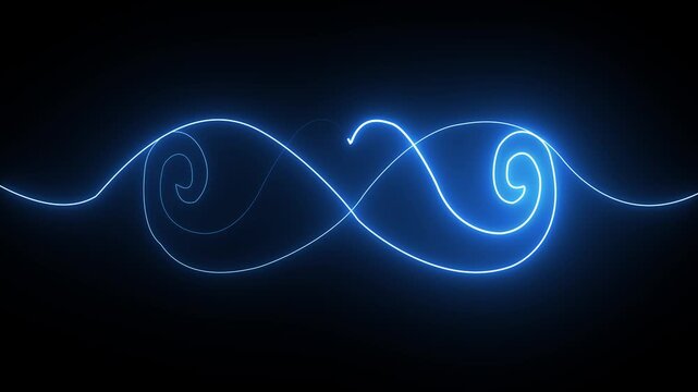 Abstract glowing blue neon light curve forming a smooth infinity shape on a dark black background