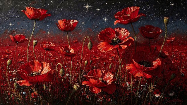 Oil Painting of Red Poppy Flowers in a Dark Starlit Meadow Landscape at Night Featuring Vibrant Floral Petals and Twinkling Stars in the Sky