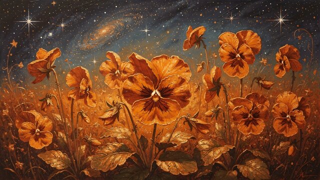 Vibrant Orange Pansy Flowers Blooming Under a Starry Night Galaxy Sky Artistic Oil Painting