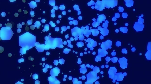 Glowing blue hexagon particles flying on dark background. Modern abstract seamless animation for technology, science, and corporate presentation.
