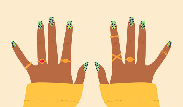 Woman hands with leopard animal print nail design. Bright colorful manicure design. Vector illustration
