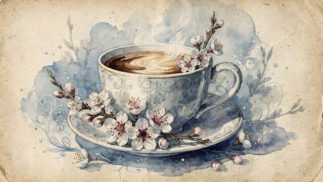 Vintage Watercolor Illustration of a Cozy Coffee Cup with Delicate White Spring Blossoms on Aged Paper
