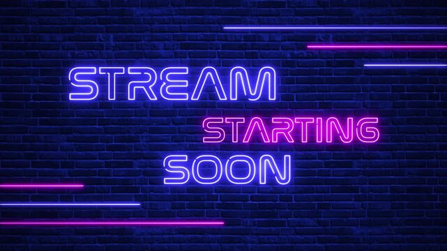 stream starting soon neon lights text and lines on blue brick wall animation, streaming and broadcasting intro social media motion background