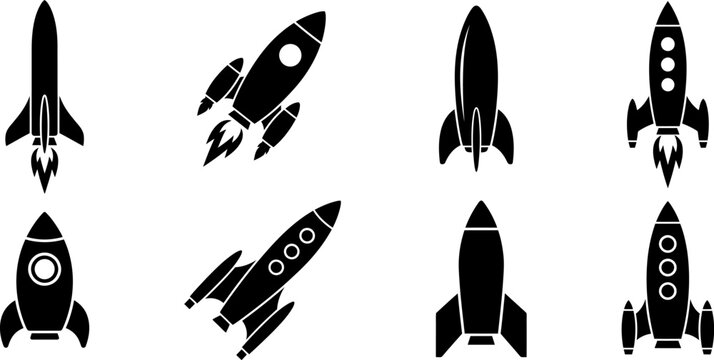 Set of black spaceship silhouettes showing various rocket designs with spaceship silhouette exploration