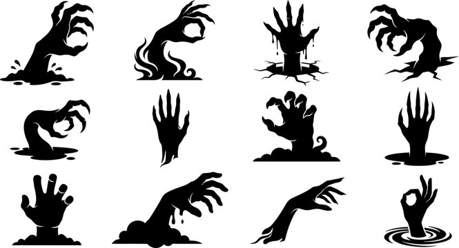 Set of creepy zombie hand silhouettes reaching out from the ground with silhouette halloween reaching