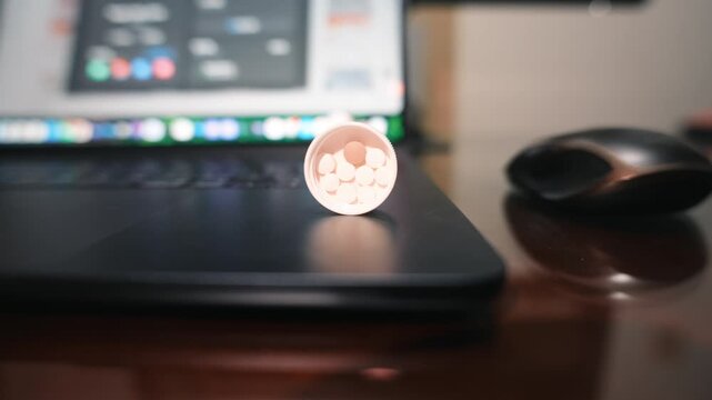 Close-up of a small round sticker with cartoon face on black laptop keyboard, desktop setup with