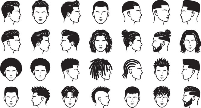 Men Haircuts Icon Set Vector Male Hairstyles Barber Shop Guide Avatar Profiles Line Art Illustration
