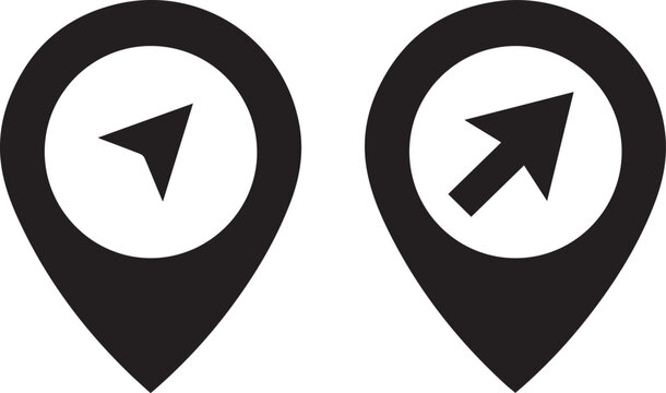 Two black location pin icons with directional arrows pointing southwest and northeast on a white background for navigation and mapping