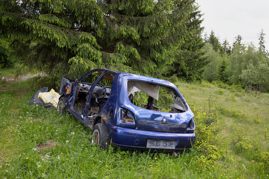 Wreckage and wreck of auto, automobile, car and vehicle. Dismantled scrap and junk abandoned in green vegetation. Scrapyard and junkyard in nature and the natural environment. Shallow focus.