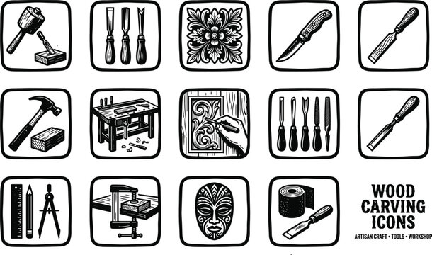 Wood carving icons set vector featuring carpenter tools chisels mallet workbench mask and artisan craft workshop equipment