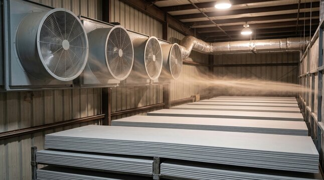 Medium shot focusing on recirculating fans inside a multizone drying kiln showing consistent airflow patterns designed to evenly dry wallboards and minimize bending.