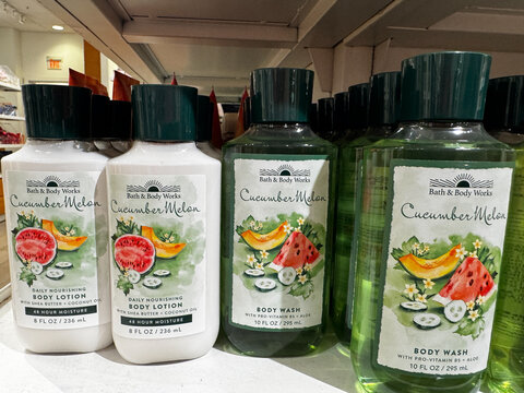 Mesa, Arizona - June 27, 2026: Bath and Body Works Cucumber Melon lotion and body wash in original nostalgic packaging