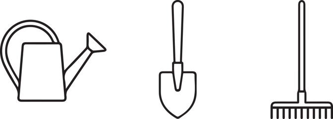 Gardening tools collection including a watering can small shovel and garden rake in a simple flat icon style on a white background © Naeem