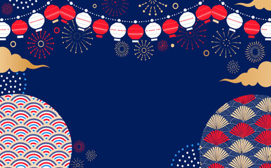 Fototapeta premium Japanese Festival Background with Hanging Lanterns, Fireworks, Traditional Wave Patterns.