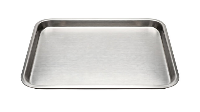 Stainless steel baking sheet, rectangular metal kitchen tray, empty silver aluminum oven pan isolated on white background, professional culinary equipment