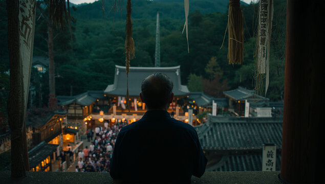 山あいの神社で夕方の祭礼を見守る男性の後ろ姿