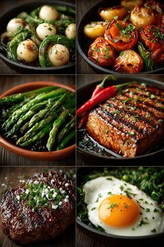 Mixed collage of prepared dishes including meat, vegetables, top view and close-up angles