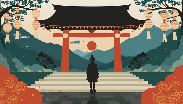 神社の祭礼と山里の風景を描いた観光向けグラフィック