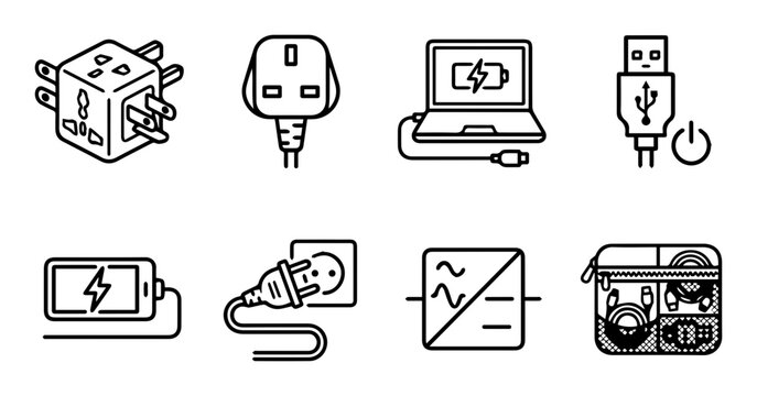 Power and energy silhouette icons set, electrical devices, technology