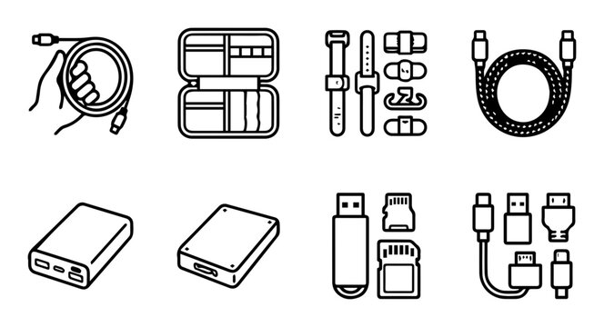 Technology accessories silhouette icons set, portable storage, cables, adapters, solid black style, tech category