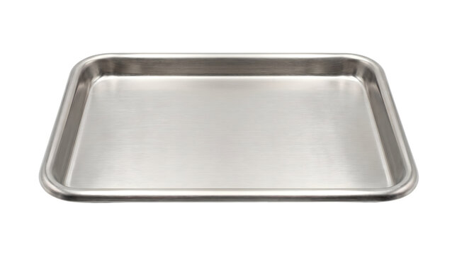 Stainless steel baking sheet isolated on white, professional metallic oven tray for cooking, empty silver aluminum cookie sheet for kitchen use