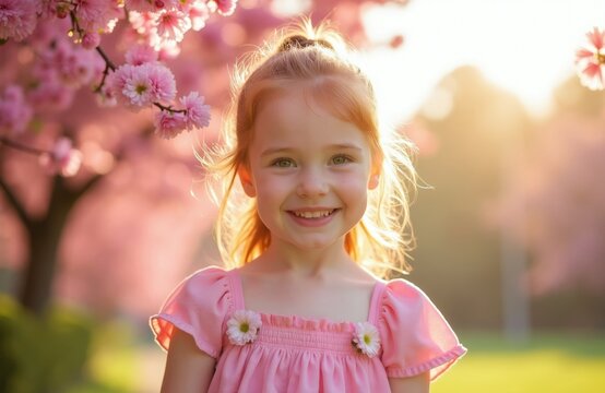Smiling girl in pink dress enjoys sunlit park with blooming pink flowers. Springtime joy, childhood innocence, nature appreciation, outdoor fun, happy kid enjoying warm day.
